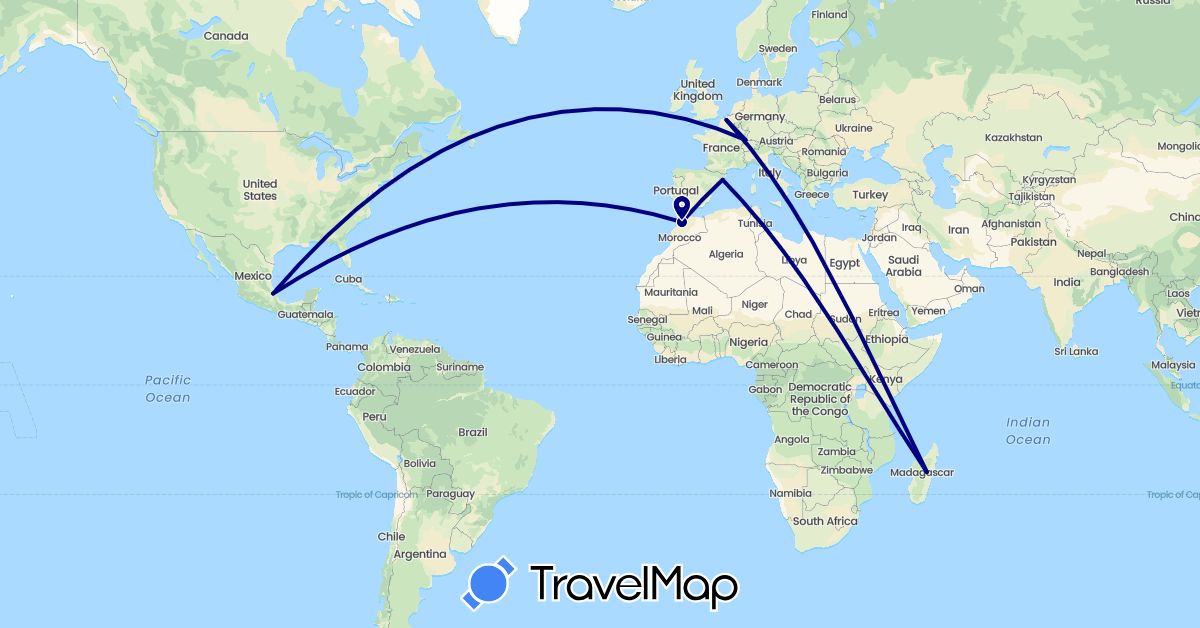 TravelMap itinerary: driving in Spain, France, Morocco, Madagascar, Mexico (Africa, Europe, North America)